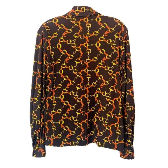 Vintage 70's Dark Brown, Yellow and Orange Equestrian Print Collared Button Up - Picture 2 of 12